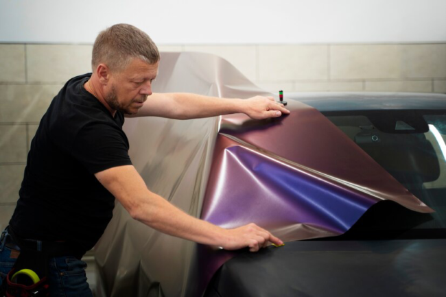 Auto service salon doign car wrapping