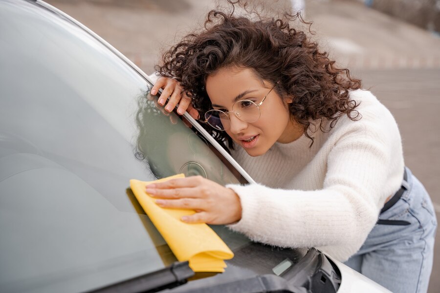 girl cleaning car windshield with rag at outdoors