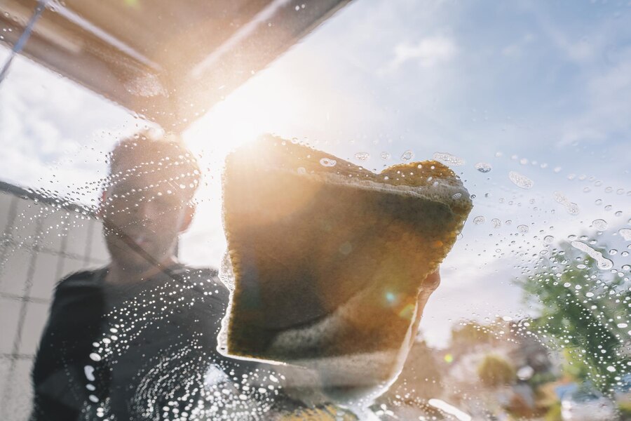 man worker washing car's window by sponge